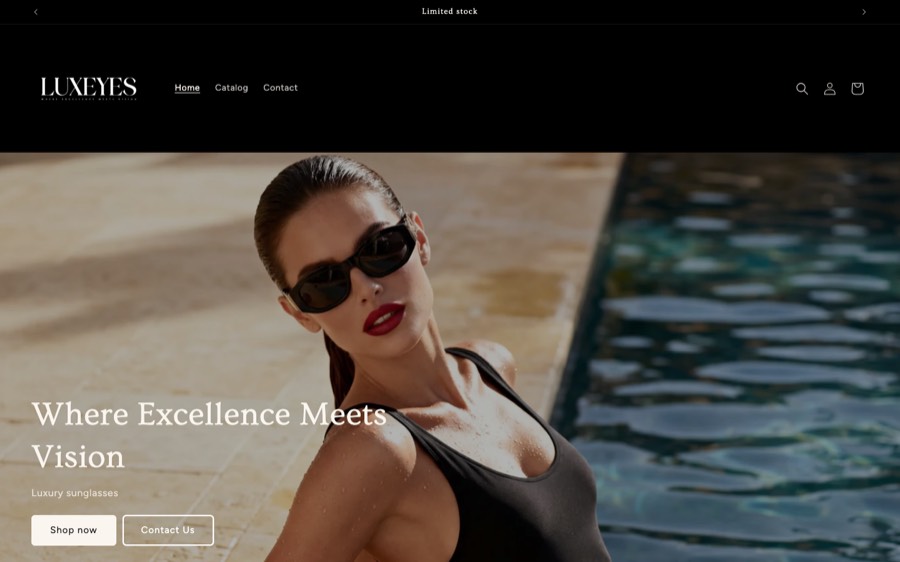 Screenshot of the Luxeyes homepage, an editorial poolside sunglasses campaign photo