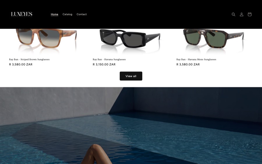 Luxeyes product grid showing three Ray-Ban sunglasses styles with pricing