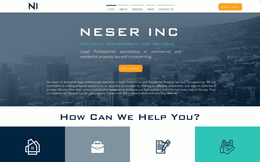 Screenshot of the Neser Inc website homepage over a Cape Town skyline photo